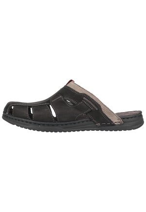 Black leather slide sandal featuring cut-out designs, contrasting gray accent, stitched details, and a textured rubber sole.