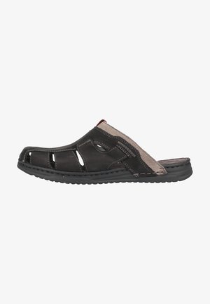 Black leather slide sandal featuring cut-out designs, contrasting gray accent, stitched details, and a textured rubber sole.