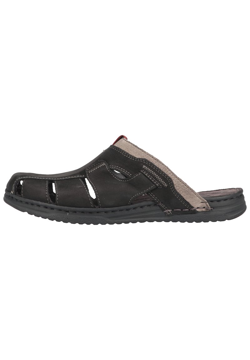 Black leather slide sandal featuring cut-out designs, contrasting gray accent, stitched details, and a textured rubber sole.