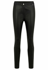 Pantalon slim en similicuir noir avec fermeture bouton et zip à l'avant, conçu pour un look élégant et moderne.
