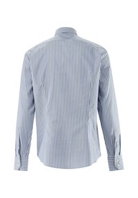 Langärmeliges Hemd in Hellblau mit weißen vertikalen Streifen. Verfügt über einen Standardkragen und geknöpfte Manschetten. Glatte Stoffstruktur.