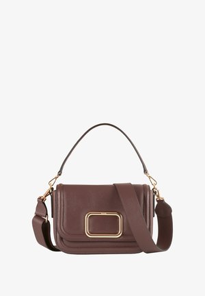 Brown leather shoulder bag with a structured design, featuring a gold-tone rectangular clasp, top handle, and removable shoulder strap.