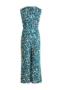 Sötétkék, ujjatlan overál, világos aqua és barack színű absztrakt mintával. Széles lábszárú fazon, formázott derékkal.