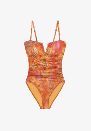 Üheosaline ujumistrikoo erkoranžis värvitoonis, sügava V-kaelusega. Omadused: mustriga kangas lillemotiividega ja õhukesed, reguleeritavad rihmad.