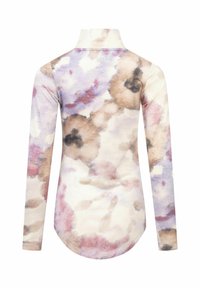 Langarmshirt met hoge kraag, voorzien van een aquarel-stijl bloemenpatroon in beige, paars en witte tinten. Soepele stoftextuur.