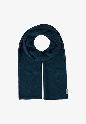 Sciarpa di un verde scuro realizzata in un tessuto morbido e testurizzato; forma lunga e rettangolare con un design a cerchio; presenta un piccolo etichetta del marchio su un'estremità.