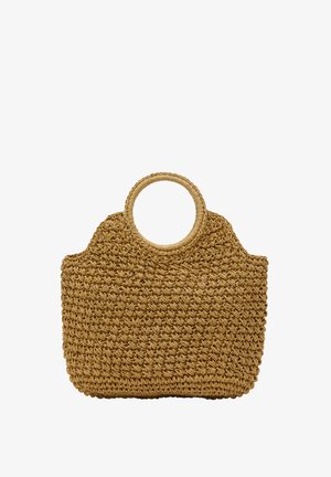 Geweven strohandtas in tan met een ronde bovenhandgreep. Beschikt over een textuur, intricaat ontwerp en een gestructureerde silhouet.
