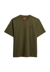Olivengrøn kortærmet t-shirt lavet af bomuld, med rund halsudskæring, et Superdry-logo på forsiden og en blød tekstur.