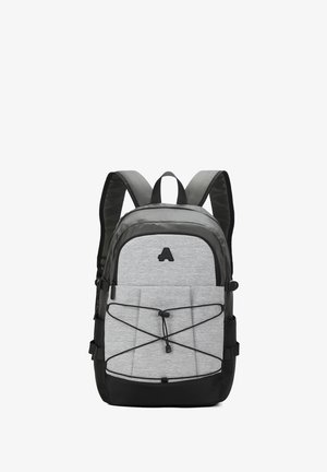 Zaino grigio e nero con fronte imbottito, spallacci regolabili, tasca frontale con cerniera e corda elastica per spazio extra.