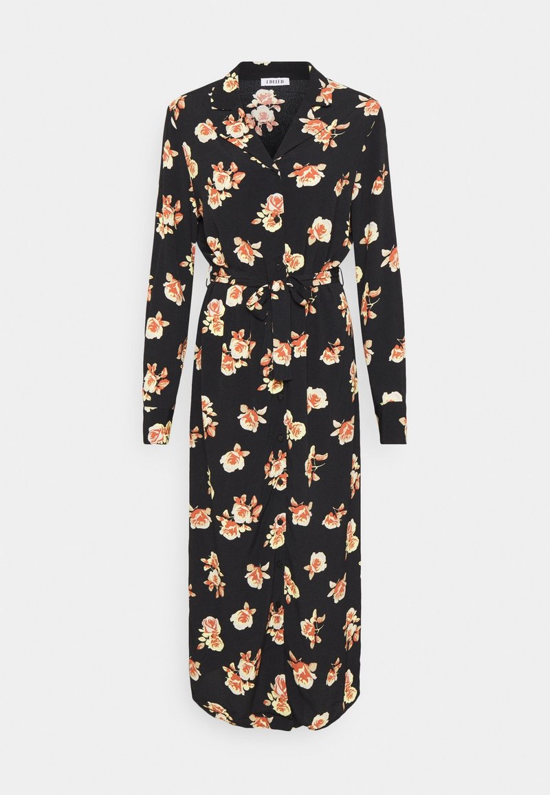 Robe midi noire à manches longues avec imprimé floral orange et crème, boutonnée sur le devant, col et ceinture à nouer à la taille.