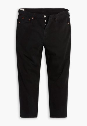 Pantalons en denim noir avec une coupe droite. Comprend cinq poches, des fermetures à boutons en métal et des accents de couture orange. Matériau en coton.