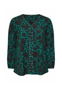 Zwarte en teal-gepatenteerde blouse met een V-hals, lange mouwen en decoratieve studs langs de knoopsluiting. Zacht materiaal en een ontspannen pasvorm.