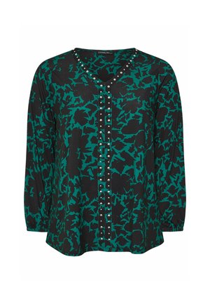 Blusa nera e teal con motivo, caratterizzata da scollatura a V, maniche lunghe e borchie decorative lungo il bottone. Tessuto morbido, vestibilità rilassata.