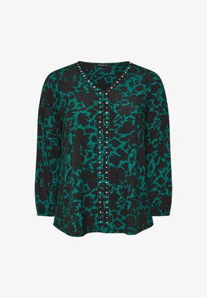 Sort og teal-mønstrede bluse med V-hals, lange ærmer og dekorative nitter langs knapstækken. Blødt stof, afslappet pasform.