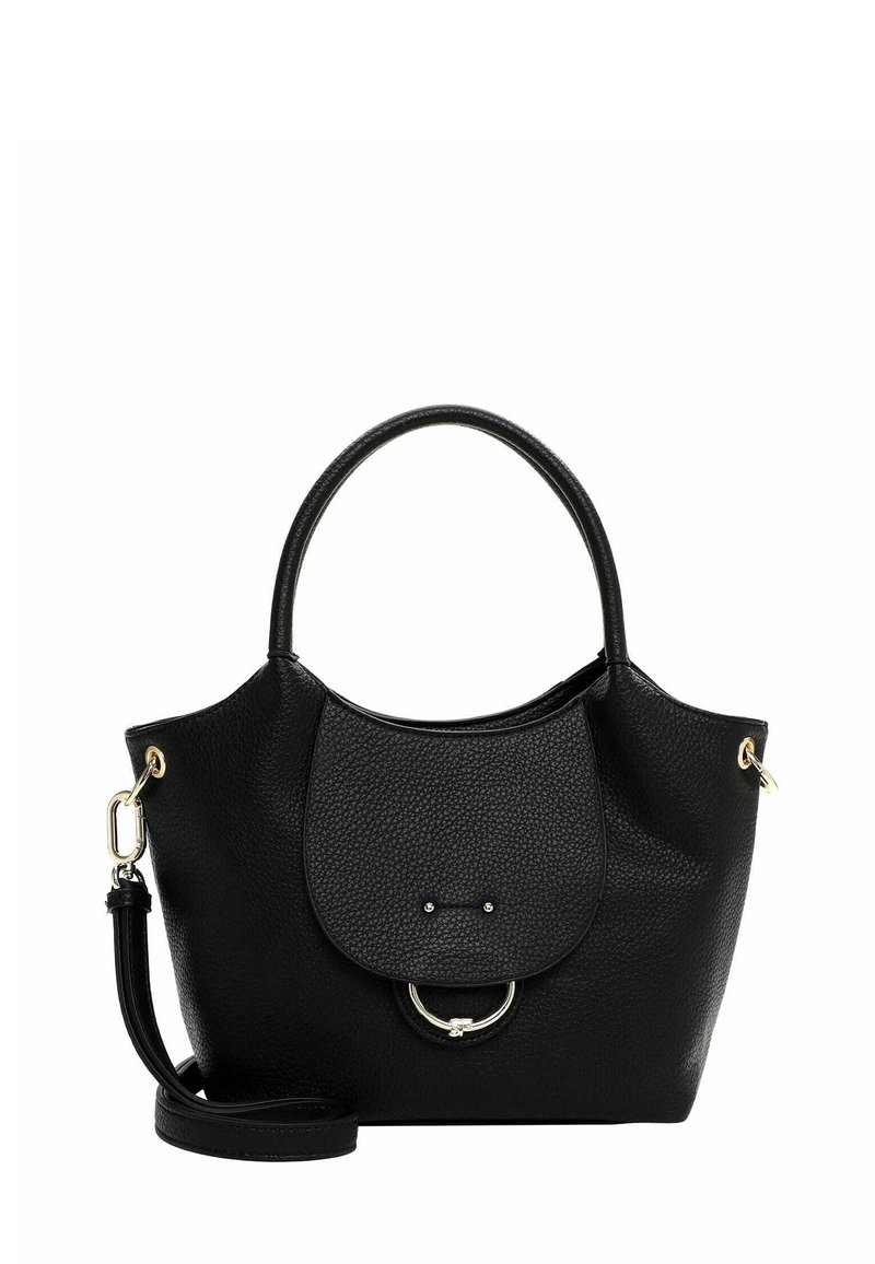 Borsa a tracolla nera in pelle con superficie testurizzata, manici arrotondati, patta frontale, hardware dorato e tracolla removibile. Presenta un accento a forma di anello circolare.