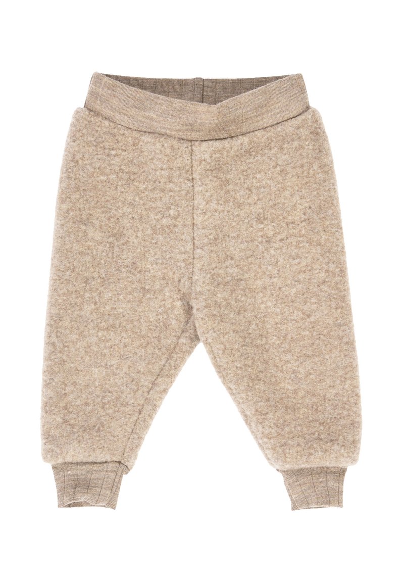 Pantaloni in pile per bambini di colore beige chiaro con vita elastica, polsini aderenti e texture morbida. Presentano un design semplice senza motivi.
