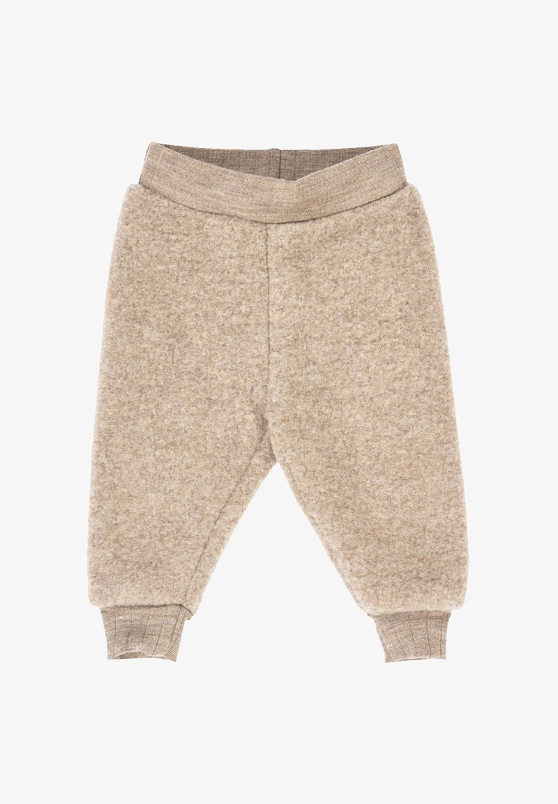 Pantaloni in pile per bambini di colore beige chiaro con vita elastica, polsini aderenti e texture morbida. Presentano un design semplice senza motivi.