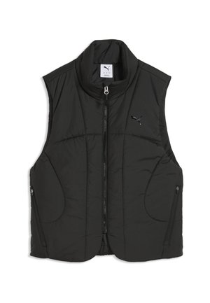 Schwarze ärmellose wattierte Weste mit Frontreißverschluss, zwei Reißverschlusstaschen, hohem Kragen und kleinem Puma-Logo auf der Brust.