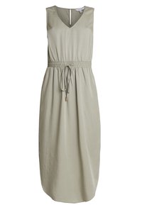 Sukienka midi bez rękawów w jasnym odcieniu zieleni, z dekoltem w kształcie litery V, regulowanym paskiem w talii oraz subtelną teksturą i ozdobą w postaci wiązania w talii.