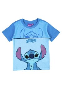 T-shirt en coton bleu avec un personnage de dessin animé Stitch, design bicolore et imprimé graphique sur le devant, comprenant de grands yeux expressifs.
