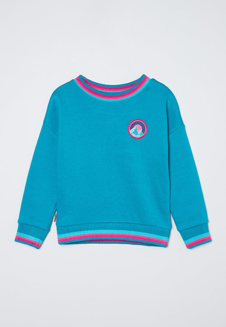 Hellblaues Sweatshirt mit geripptem Ausschnitt und Bündchen, das pinke und türkisfarbene Streifen aufweist. Frontlogo mit einem stilisierten Tier in einem kreisförmigen Design.