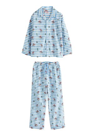 Jasnoniebieska i biała koszula w paski z długim rękawem na guziki oraz spodnie z elastycznym pasem, ozdobione ilustracjami kowbojów i kaktusów.