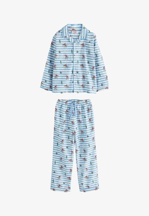 Šviesiai mėlynos ir baltos spalvos dryžuota ilgomis rankovėmis marškiniai su sagomis bei kelnės su elastine juosmens dalimi, puoštos kaubojų ir kaktusų iliustracijomis.