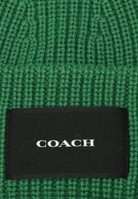 Berretto lavorato a maglia verde con texture a righe orizzontali; presenta un'etichetta in tessuto nera con il marchio "COACH" in bianco.