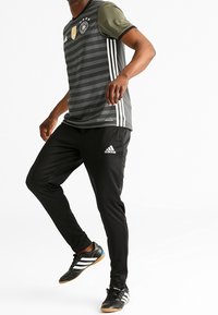 Černé kalhoty Adidas spojené se šedým pruhovaným dressem se zelenými rukávy a znakem. Dres má tři bílé pruhy na každé straně.