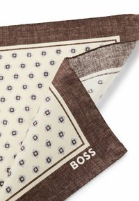 Brown patterned silk scarf featuring a geometric design with light blue accents and a white border. 'BOSS' logo in white on the edge.