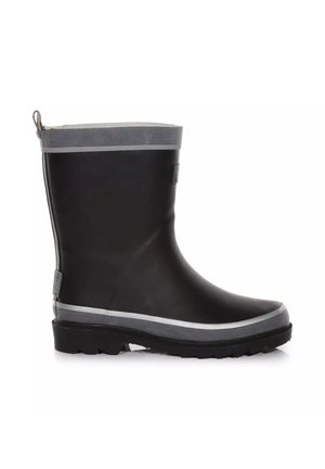 Bota de lluvia de goma negra y gris hasta la mitad de la pantorrilla con suela texturizada y lengüeta en la parte trasera.