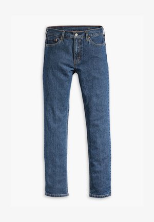 Blue straight-leg denim jeans with five pockets and button closure, displayed flat on a white background.