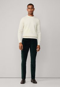 Muž stojaci na jednotnom pozadí, oblečený v krémovom svetrí s vrúbkovaným vzorom, tmavozelených károvaných nohaviciach a hnedých kožených mokasínach.