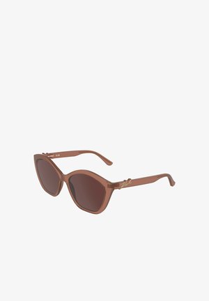 Lunettes de soleil marron oversized à monture œil de chat avec verres teintés foncés et détail signature doré sur les branches.