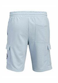 Shorts cargo pour homme bleu clair avec taille élastique, poches à rabat sur les côtés et une poche plaquée à l'arrière côté droit.