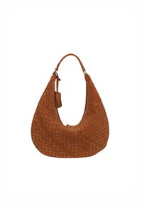 Braune, geflochtene Wildleder-Handtasche in geschwungener Form, mit einem einzigen Griff und einem Reißverschluss. Sie weist subtile Texturen und Nähdetails auf.