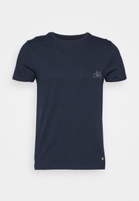 T-shirt en coton bleu marine avec col rond, manches courtes et un motif de bicyclette blanc sur la partie gauche de la poitrine ; comporte un petit logo en accent.