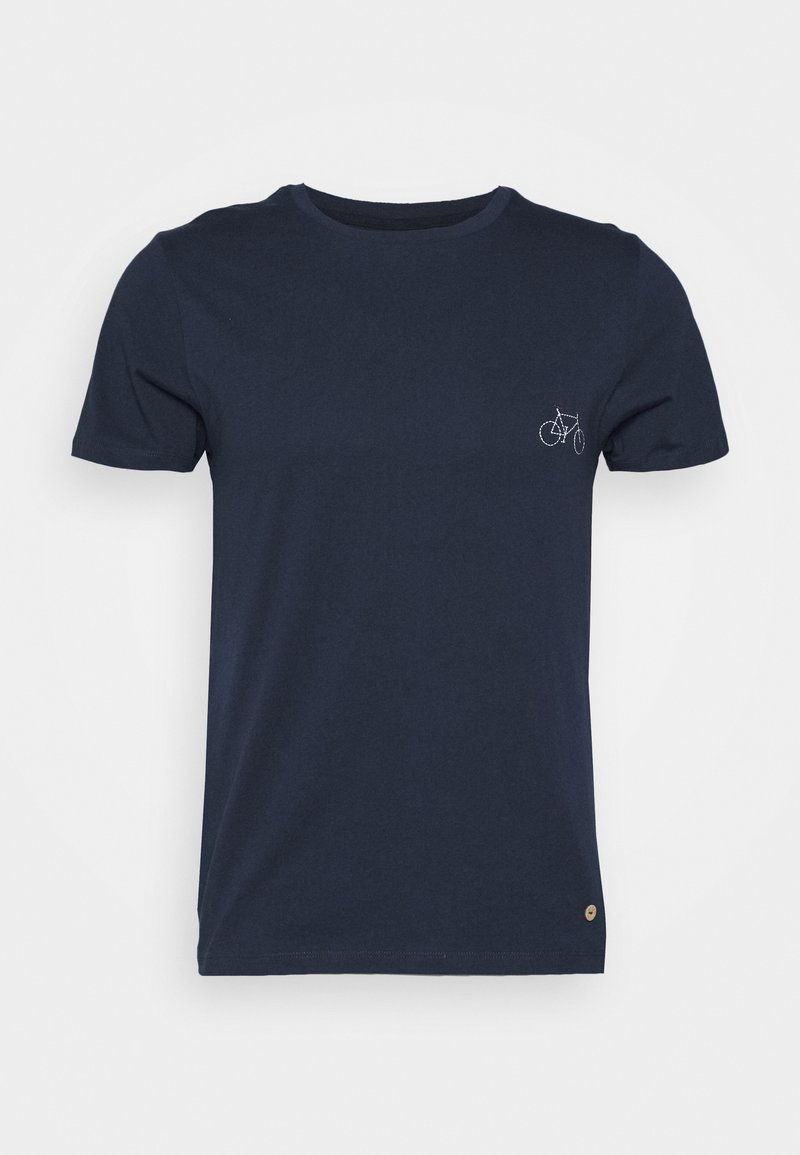 T-shirt en coton bleu marine avec col rond, manches courtes et un motif de bicyclette blanc sur la partie gauche de la poitrine ; comporte un petit logo en accent.
