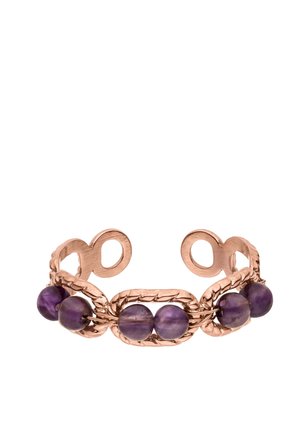 Copper-colored open cuff bracelet with six polished round purple beads linked by textured oval loops.