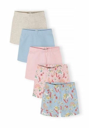 Päť párov detských šortiek v béžovej, svetlomodrej, ružovej farbe a dve s kvetinovým a dúhovým vzorom, usporiadaných prekrývajúcich sa na bielom pozadí.
