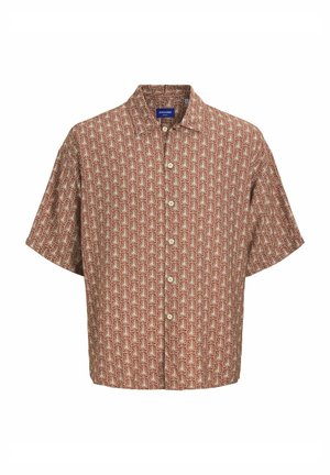 Korte mouwen overhemd met knopen in roodbruin met een overal bloemmotief. Gemaakt van lichtgewicht stof met een relaxte pasvorm en kraag.