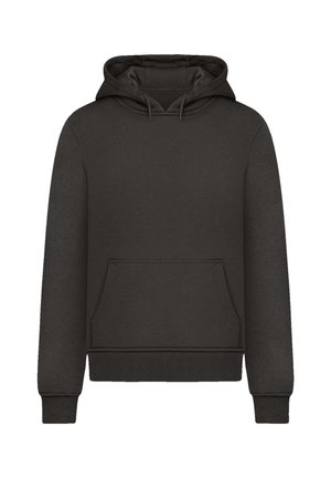 Black hooded sweatshirt with a front pocket, ribbed cuffs and hem. Made from soft material with a smooth texture and a relaxed fit.