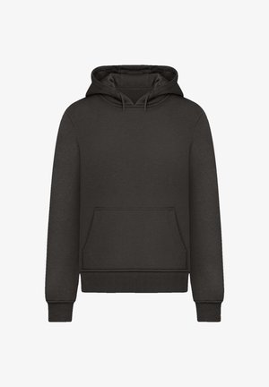 Black hooded sweatshirt with a front pocket, ribbed cuffs and hem. Made from soft material with a smooth texture and a relaxed fit.