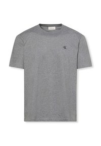 T-shirt grigia in cotone con maniche corte, scollo rotondo e un piccolo logo nero sul petto. Tessuto morbido con vestibilità casual.