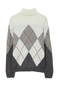 Maglione lavorato a maglia con colletto alto, in tonalità di bianco, grigio e grigio scuro, con un motivo a rombi contornato di arancione.