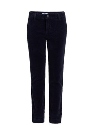 Marineblauwe corduroy broek met een slanke pasvorm, voorzien van een knoopsluiting, zakken aan de voorkant en een subtiele textuur door de geribbelde stof.