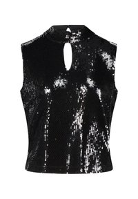 Schwarzes, ärmelloses Top mit Pailletten, hohem Ausschnitt, Schlüsselaugen-Detail vorne und taillierter Silhouette. Verfügt über eine glatte Textur und glänzende Oberfläche.