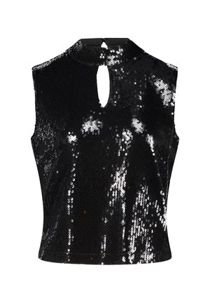 Zwarte pailletten top zonder mouwen met hoge halslijn, sleutelgatdetail aan de voorkant en een aansluitende pasvorm. Kenmerkt zich door een gladde textuur en glanzende afwerking.