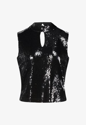 Schwarzes, ärmelloses Top mit Pailletten, hohem Ausschnitt, Schlüsselaugen-Detail vorne und taillierter Silhouette. Verfügt über eine glatte Textur und glänzende Oberfläche.