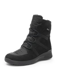 Botte d'hiver isolante noire avec semelle texturée, cheville rembourrée, design à lacets et tissu imperméable Gore-Tex pour les conditions froides et humides.